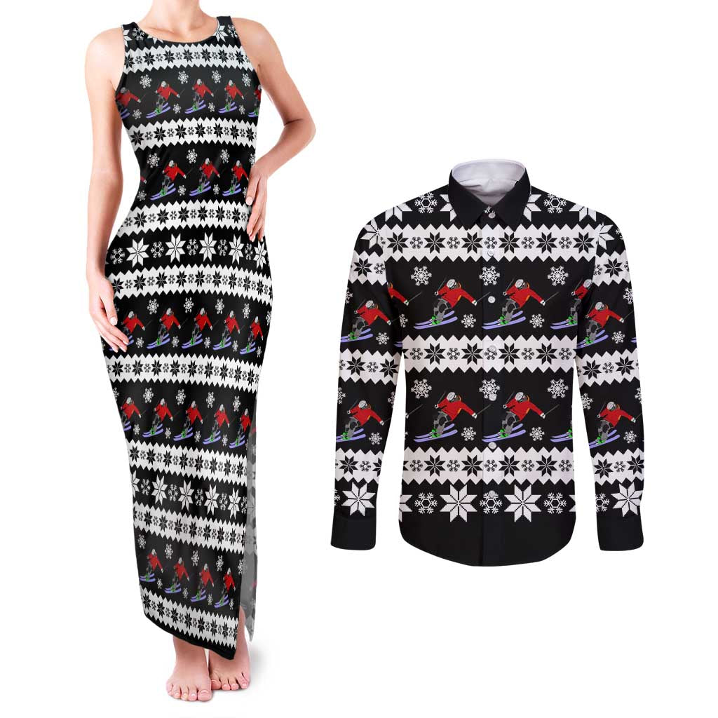 Skiing Snowflake Christmas Couples Matching Tank Maxi Dress and Long Sleeve Button Shirt Xmas Holiday Patterns - Wonder Print Shop