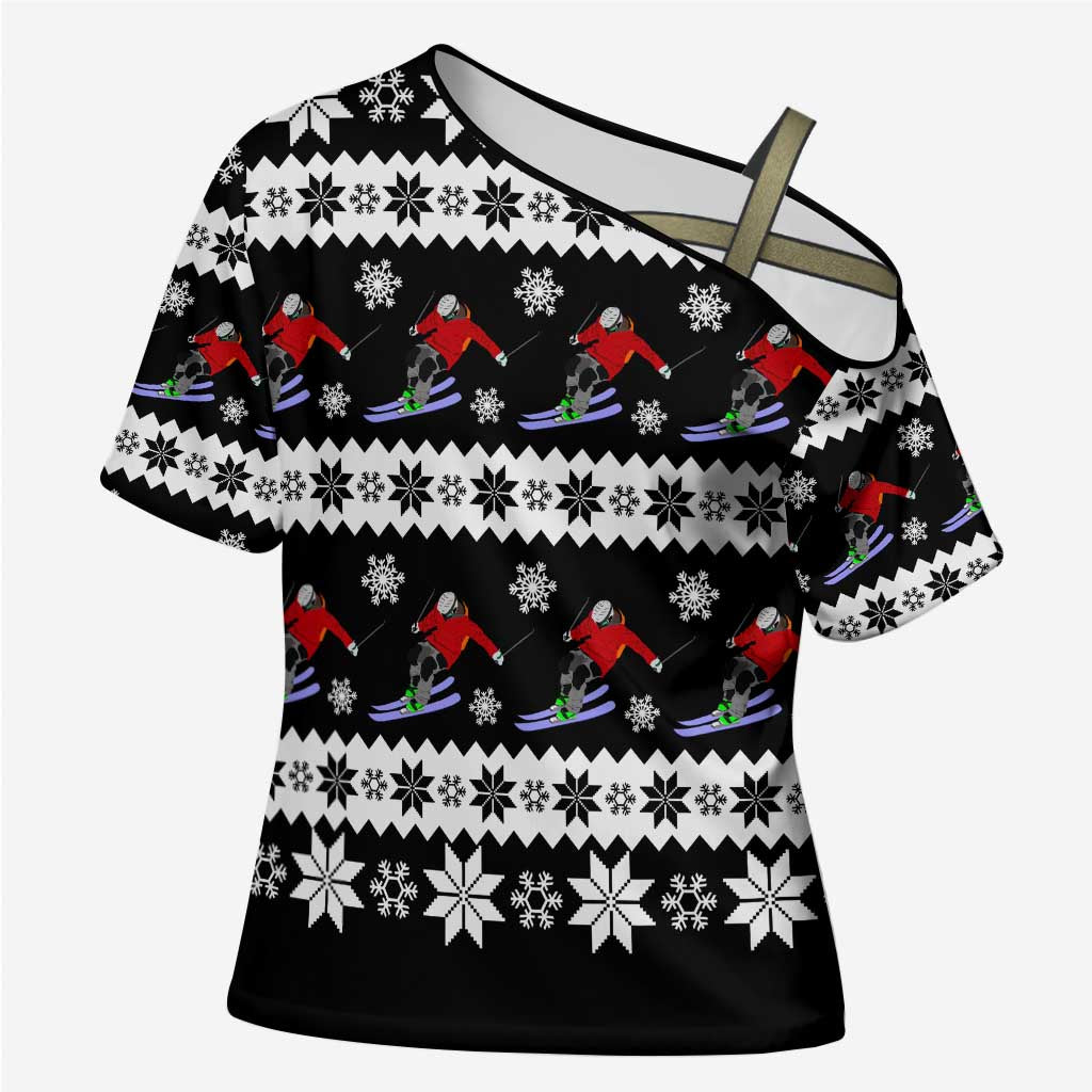 Skiing Snowflake Christmas Cross Shoulder Shirt Xmas Holiday Patterns - Wonder Print Shop