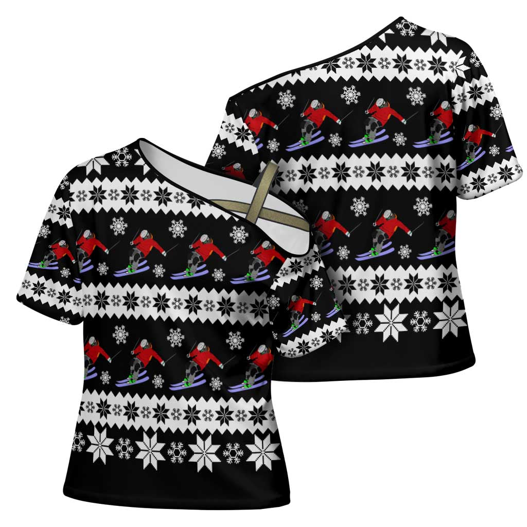 Skiing Snowflake Christmas Cross Shoulder Shirt Xmas Holiday Patterns - Wonder Print Shop