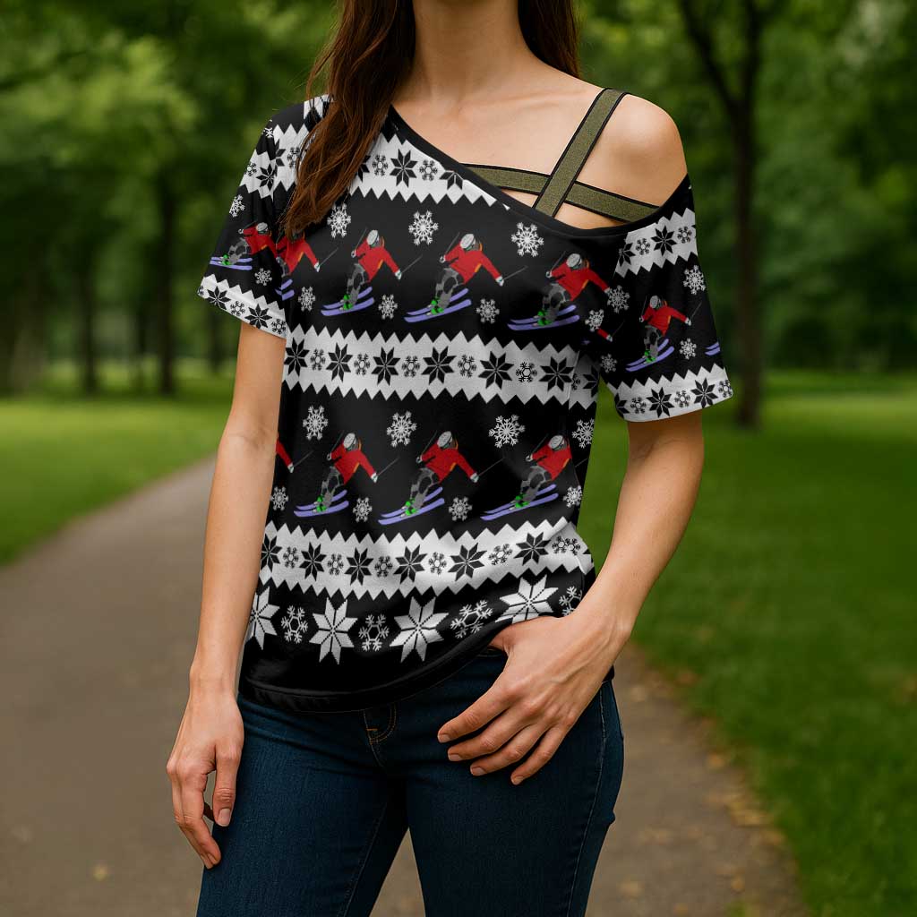 Skiing Snowflake Christmas Cross Shoulder Shirt Xmas Holiday Patterns - Wonder Print Shop