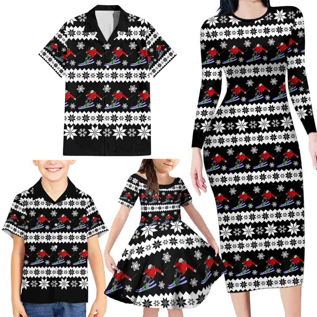 Skiing Snowflake Christmas Family Matching Long Sleeve Bodycon Dress and Hawaiian Shirt Xmas Holiday Patterns - Wonder Print Shop