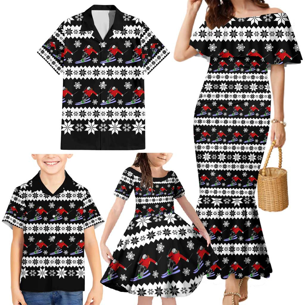 Skiing Snowflake Christmas Family Matching Mermaid Dress and Hawaiian Shirt Xmas Holiday Patterns - Wonder Print Shop