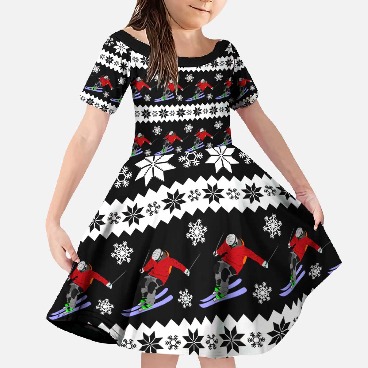 Skiing Snowflake Christmas Family Matching Off The Shoulder Long Sleeve Dress and Hawaiian Shirt Xmas Holiday Patterns - Wonder Print Shop