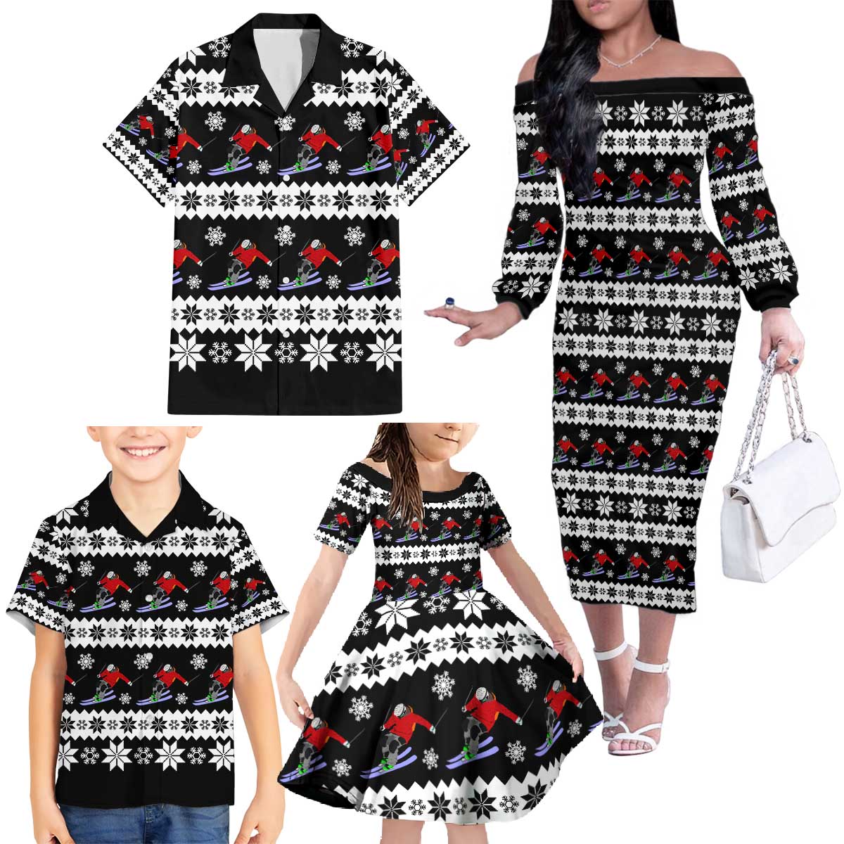 Skiing Snowflake Christmas Family Matching Off The Shoulder Long Sleeve Dress and Hawaiian Shirt Xmas Holiday Patterns - Wonder Print Shop