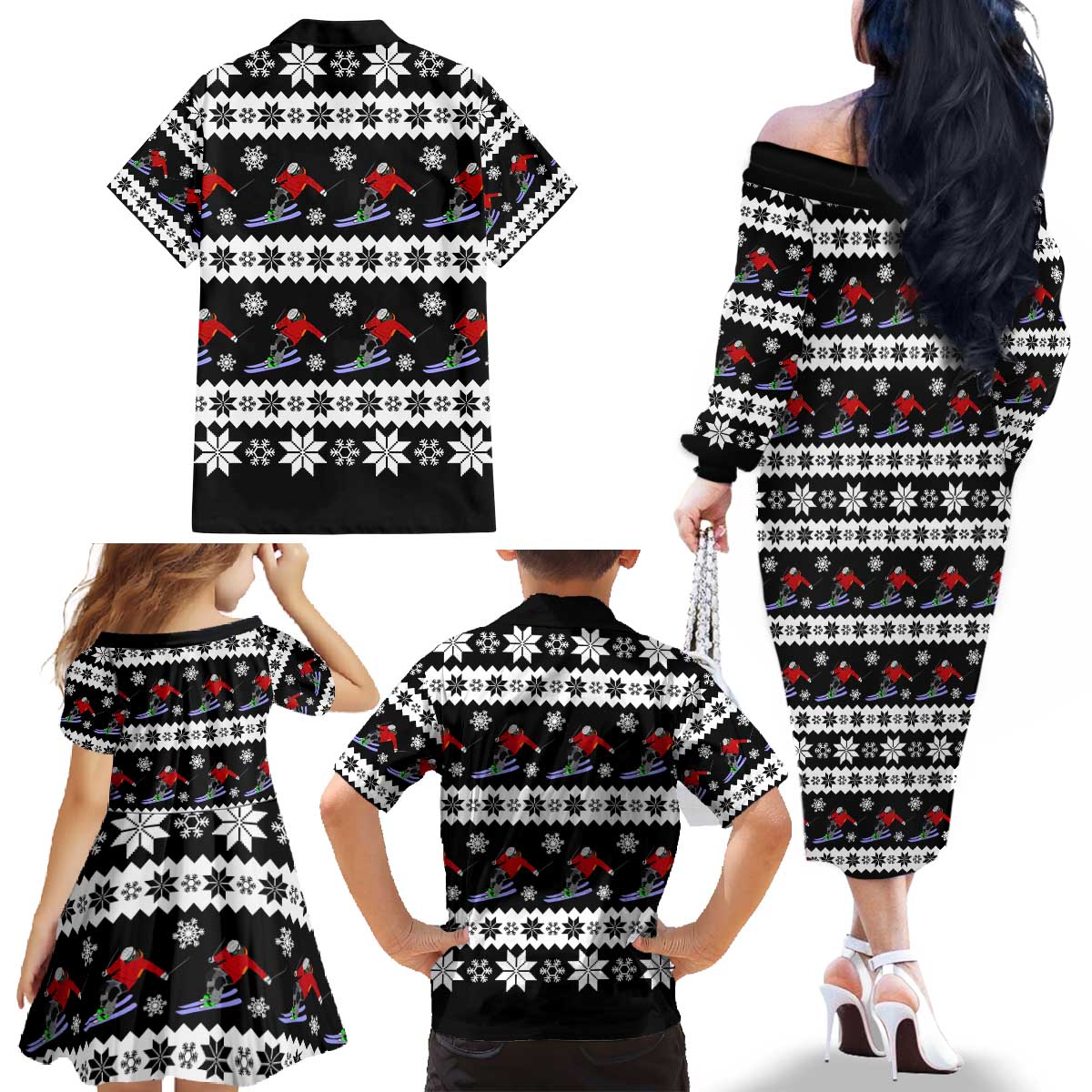 Skiing Snowflake Christmas Family Matching Off The Shoulder Long Sleeve Dress and Hawaiian Shirt Xmas Holiday Patterns - Wonder Print Shop