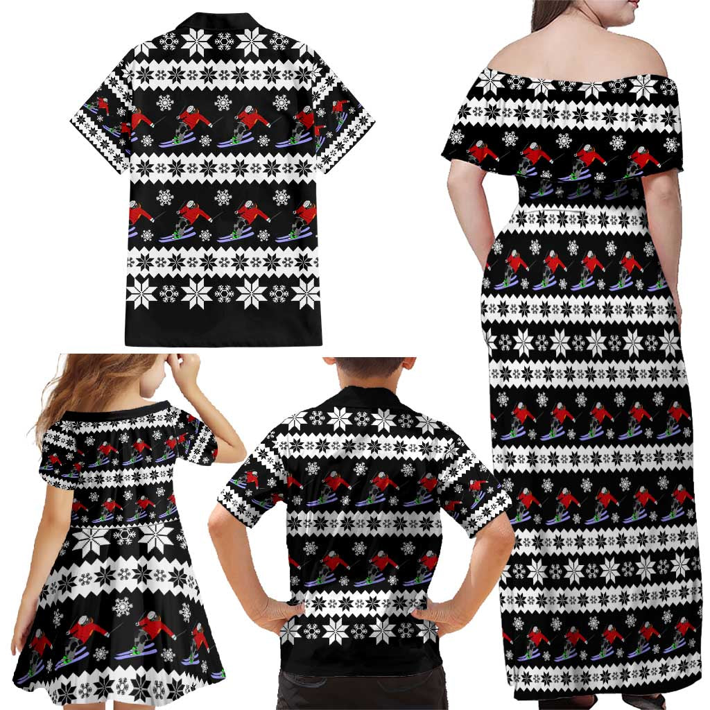 Skiing Snowflake Christmas Family Matching Off Shoulder Maxi Dress and Hawaiian Shirt Xmas Holiday Patterns - Wonder Print Shop