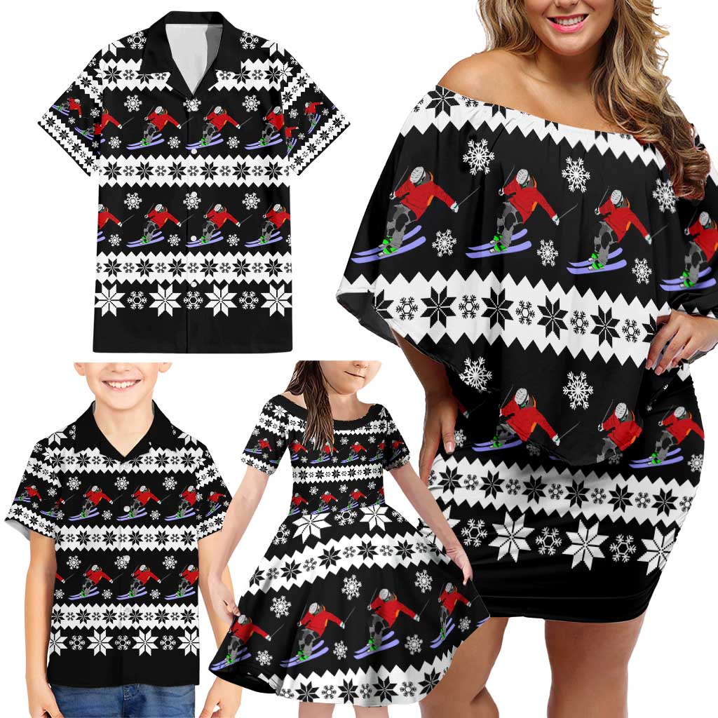 Skiing Snowflake Christmas Family Matching Off Shoulder Short Dress and Hawaiian Shirt Xmas Holiday Patterns - Wonder Print Shop