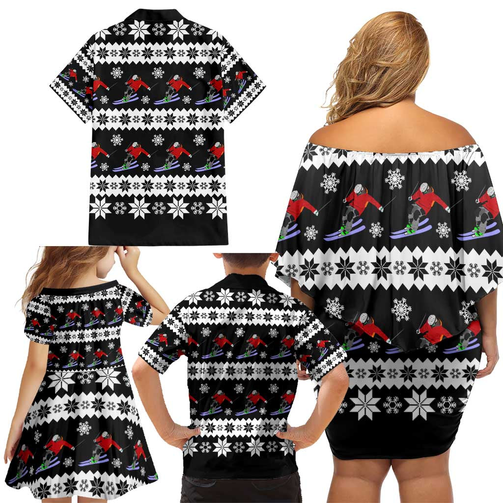 Skiing Snowflake Christmas Family Matching Off Shoulder Short Dress and Hawaiian Shirt Xmas Holiday Patterns - Wonder Print Shop