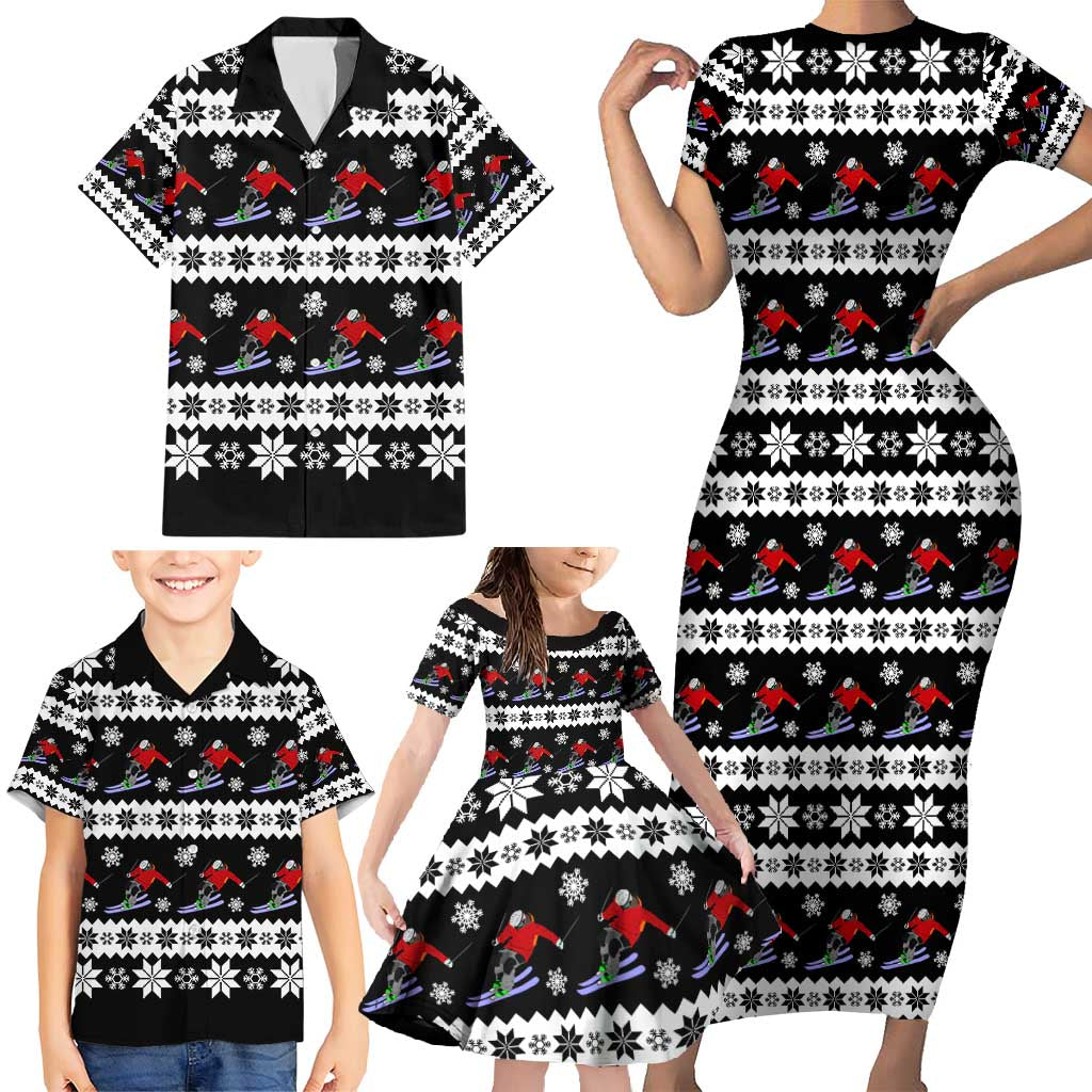Skiing Snowflake Christmas Family Matching Short Sleeve Bodycon Dress and Hawaiian Shirt Xmas Holiday Patterns - Wonder Print Shop