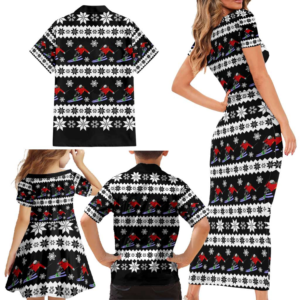 Skiing Snowflake Christmas Family Matching Short Sleeve Bodycon Dress and Hawaiian Shirt Xmas Holiday Patterns - Wonder Print Shop