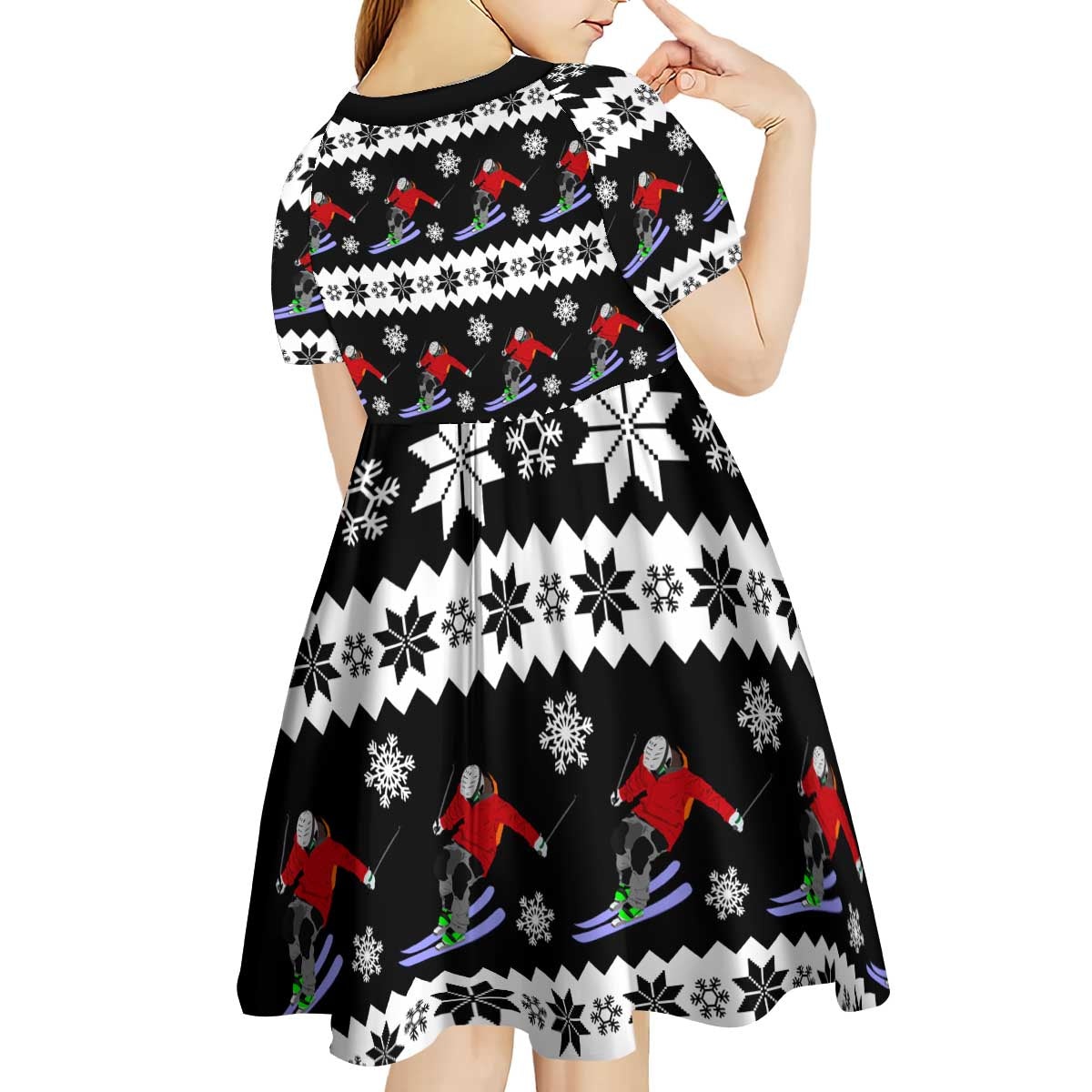 Skiing Snowflake Christmas Kid Short Sleeve Dress Xmas Holiday Patterns - Wonder Print Shop