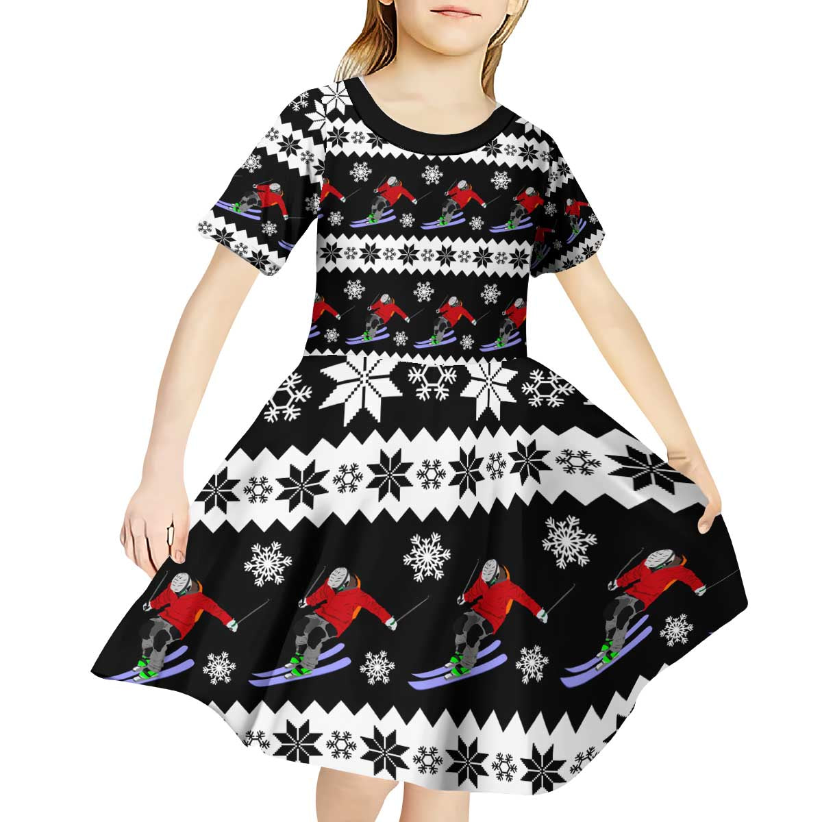 Skiing Snowflake Christmas Kid Short Sleeve Dress Xmas Holiday Patterns - Wonder Print Shop