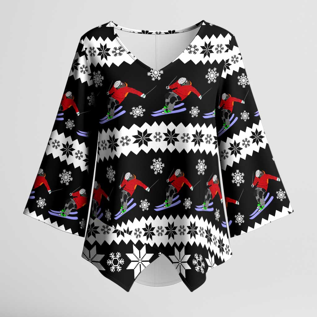 Skiing Snowflake Christmas Kimono Sleeve Blouse Xmas Holiday Patterns - Wonder Print Shop