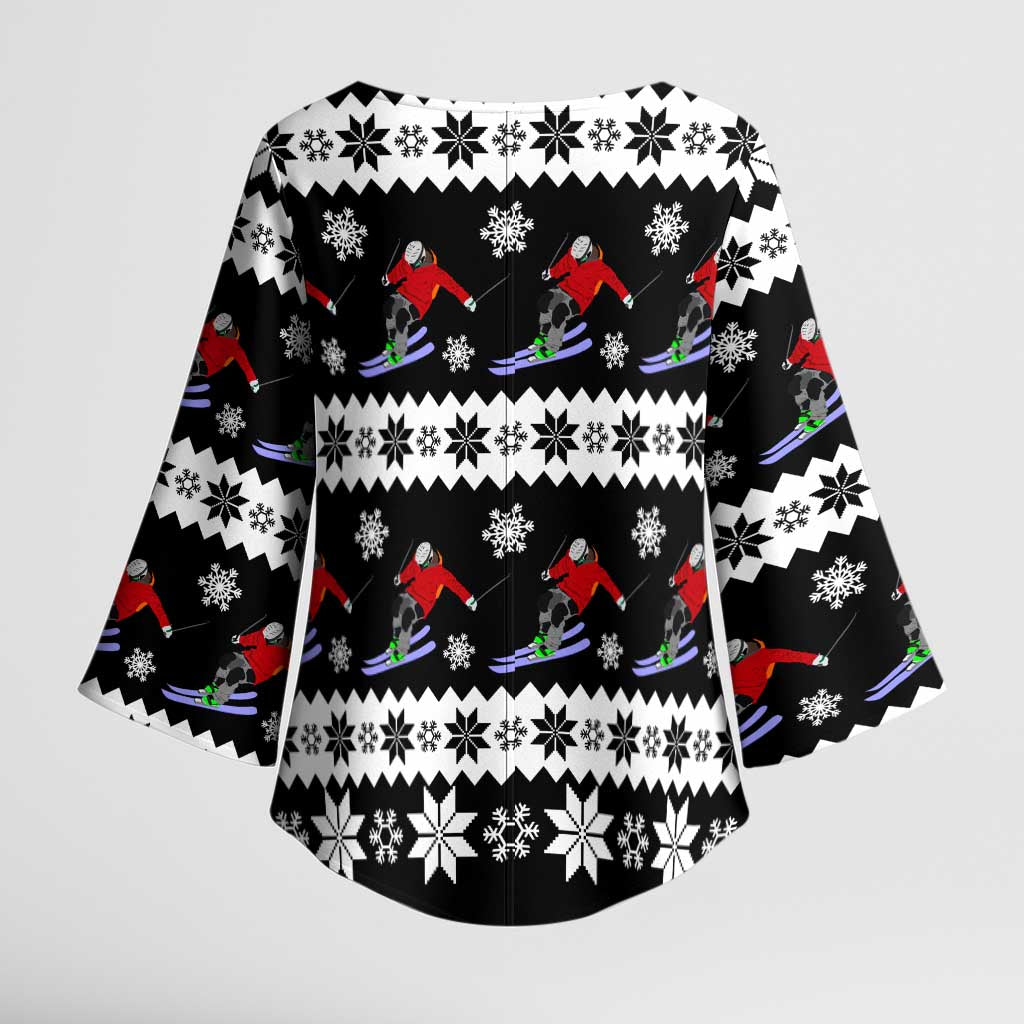 Skiing Snowflake Christmas Kimono Sleeve Blouse Xmas Holiday Patterns - Wonder Print Shop