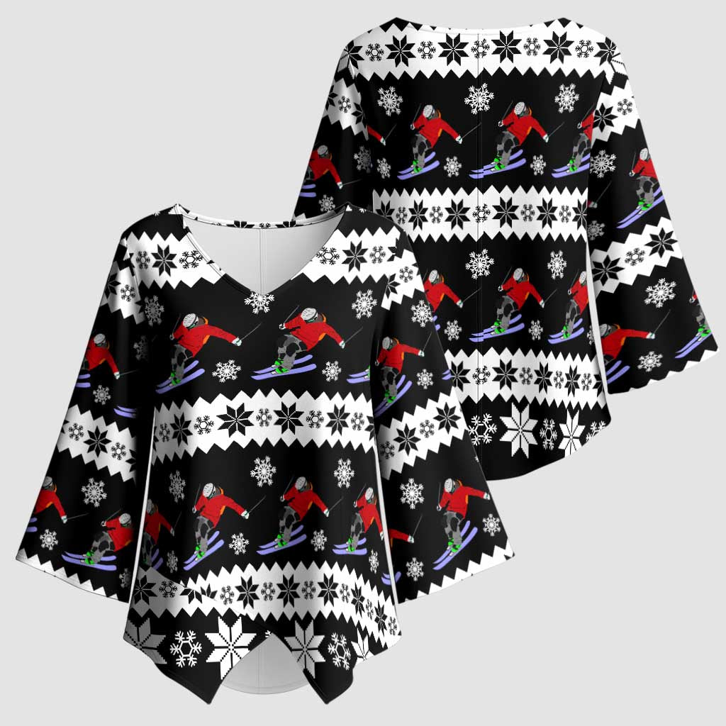 Skiing Snowflake Christmas Kimono Sleeve Blouse Xmas Holiday Patterns - Wonder Print Shop
