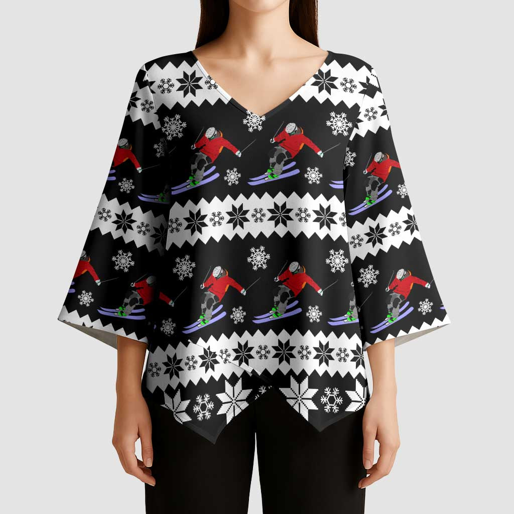 Skiing Snowflake Christmas Kimono Sleeve Blouse Xmas Holiday Patterns - Wonder Print Shop