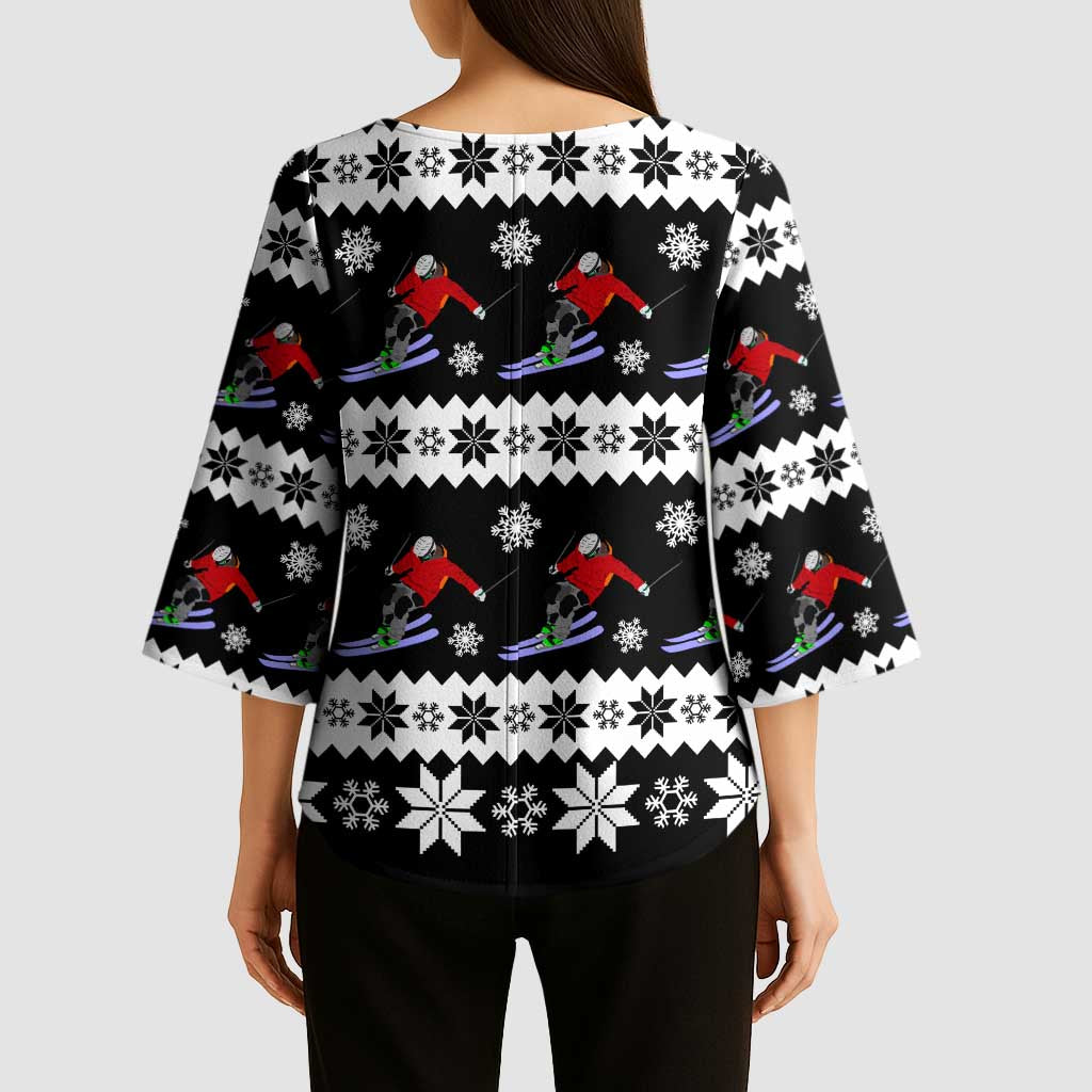 Skiing Snowflake Christmas Kimono Sleeve Blouse Xmas Holiday Patterns - Wonder Print Shop