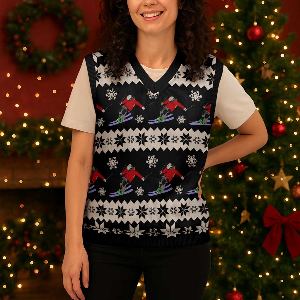 Skiing Snowflake Christmas Knitted V-Neck Vest Xmas Holiday Patterns - Wonder Print Shop