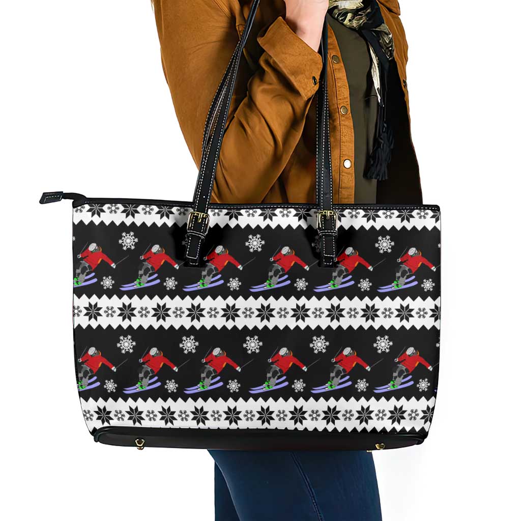 Skiing Snowflake Christmas Leather Tote Bag Xmas Holiday Patterns - Wonder Print Shop