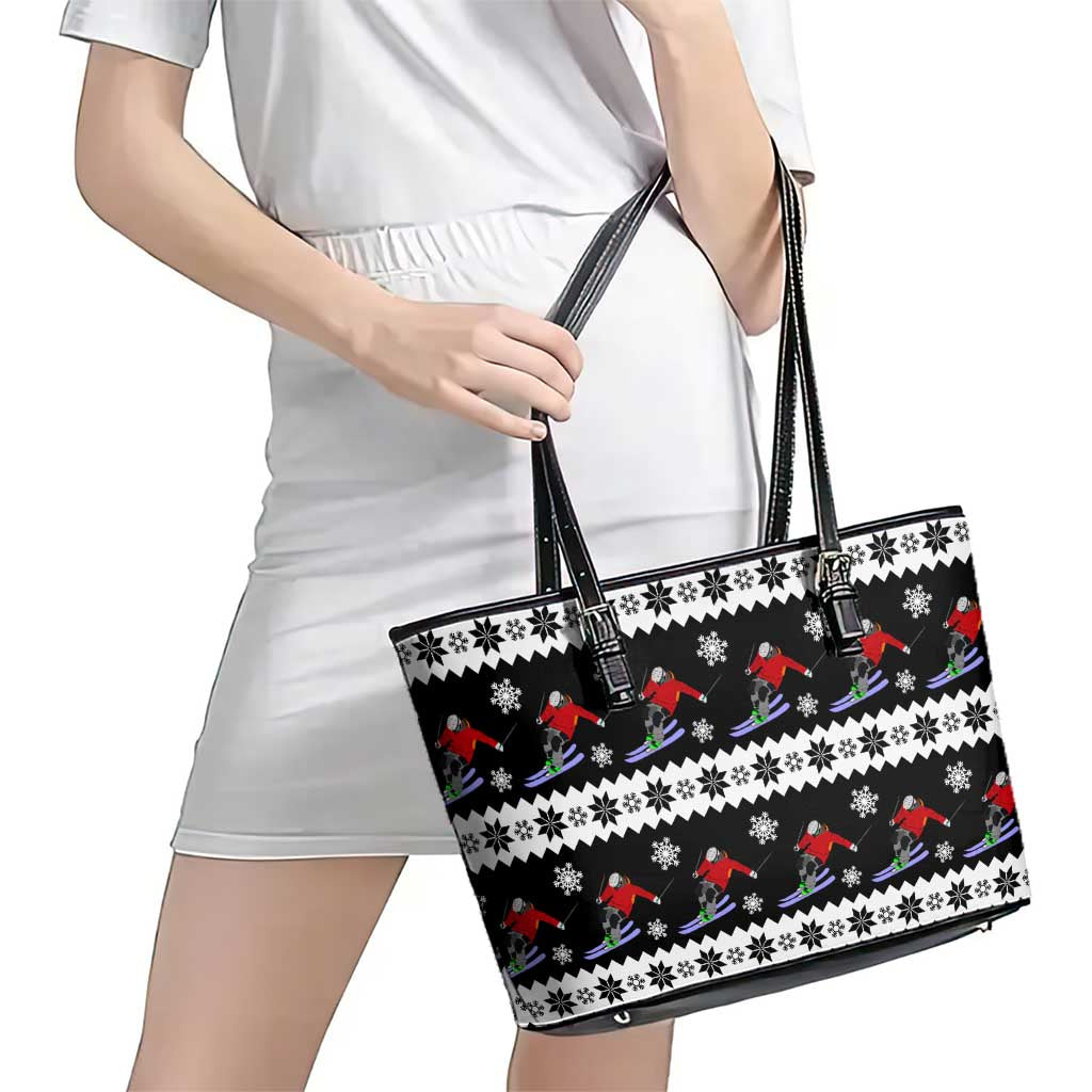Skiing Snowflake Christmas Leather Tote Bag Xmas Holiday Patterns - Wonder Print Shop