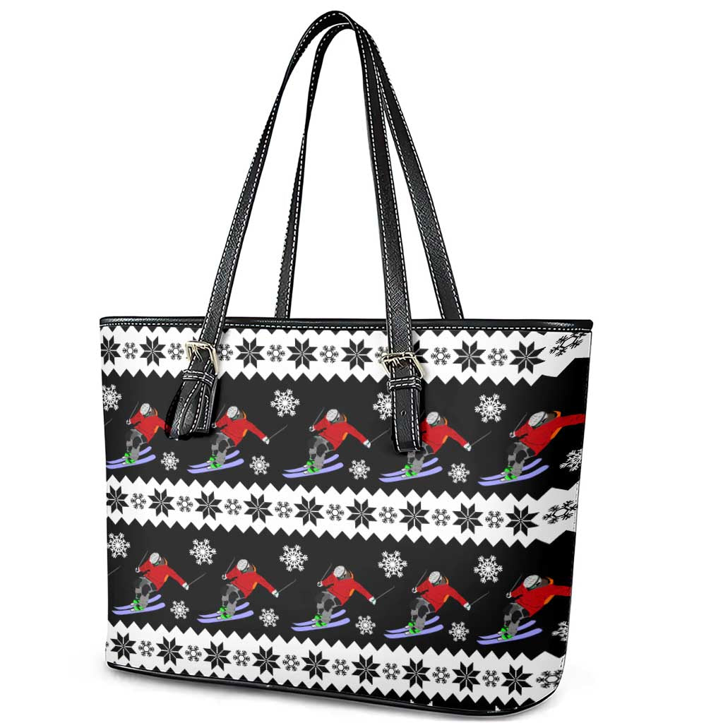Skiing Snowflake Christmas Leather Tote Bag Xmas Holiday Patterns - Wonder Print Shop