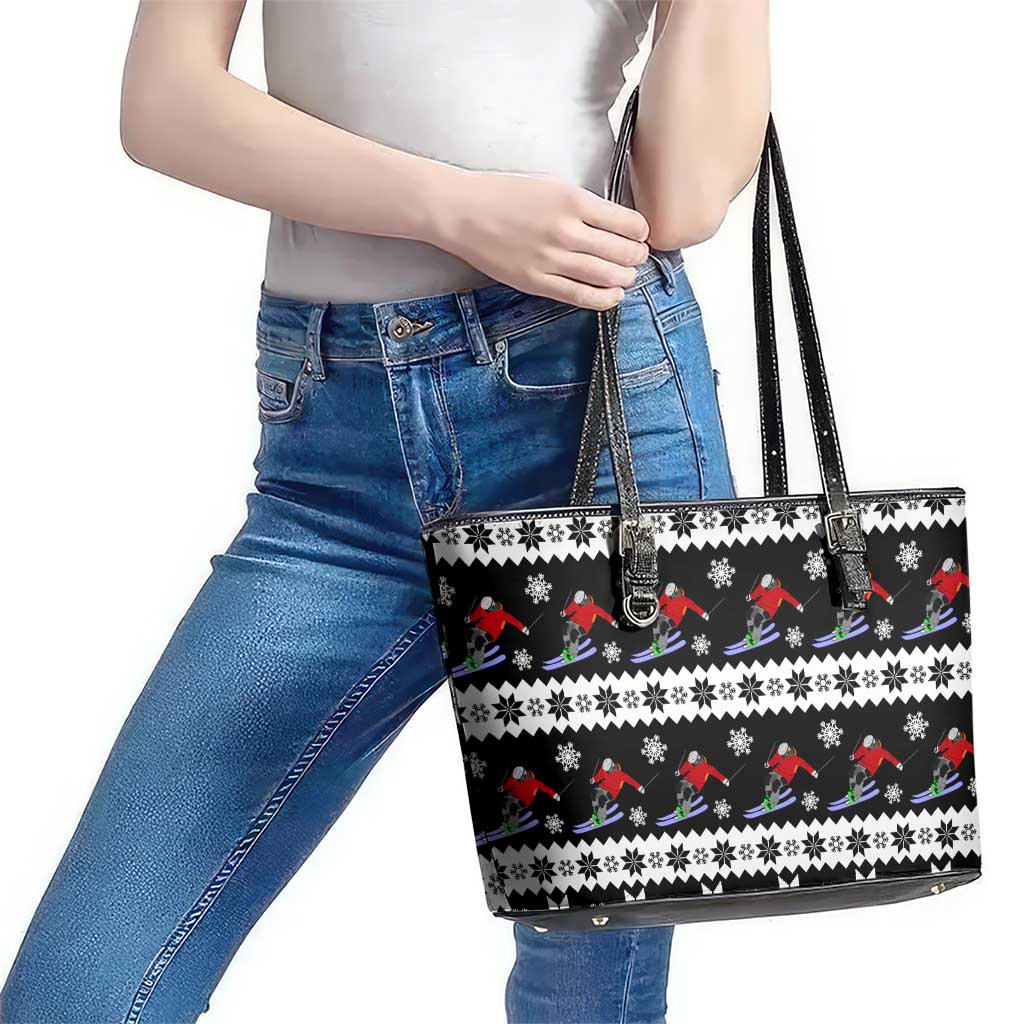 Skiing Snowflake Christmas Leather Tote Bag Xmas Holiday Patterns - Wonder Print Shop