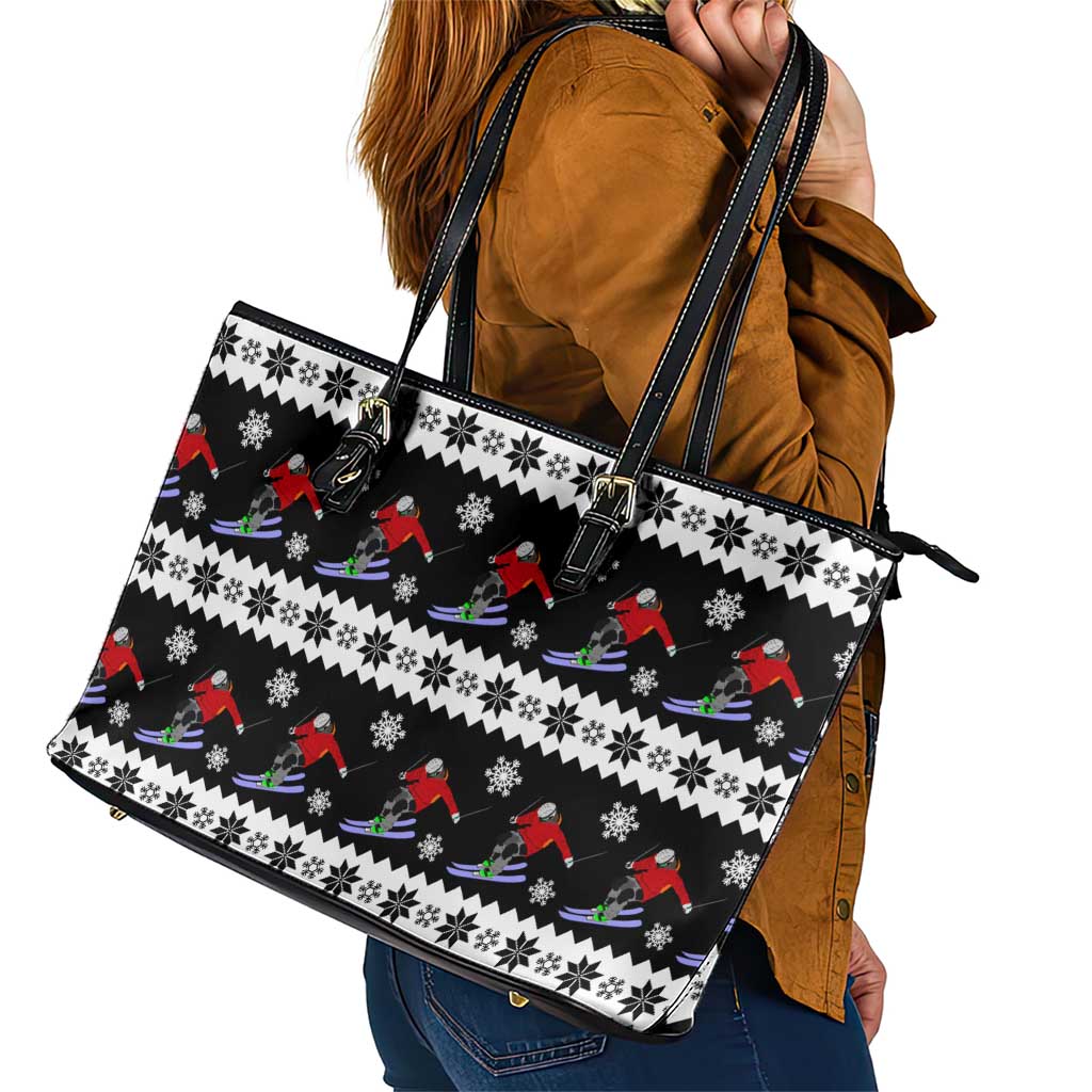 Skiing Snowflake Christmas Leather Tote Bag Xmas Holiday Patterns - Wonder Print Shop