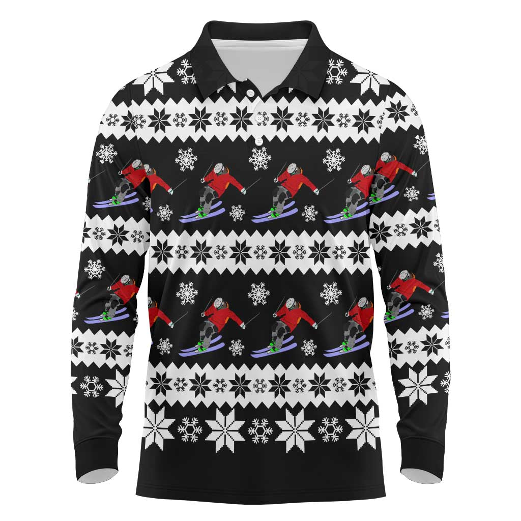 Skiing Snowflake Christmas Long Sleeve Polo Shirt Xmas Holiday Patterns - Wonder Print Shop