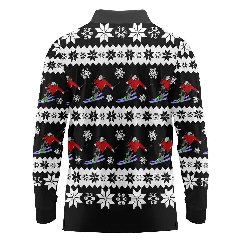 Skiing Snowflake Christmas Long Sleeve Polo Shirt Xmas Holiday Patterns - Wonder Print Shop