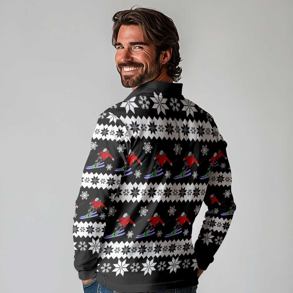 Skiing Snowflake Christmas Long Sleeve Polo Shirt Xmas Holiday Patterns - Wonder Print Shop
