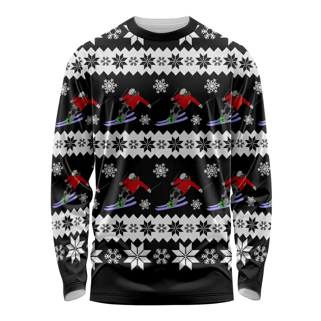 Skiing Snowflake Christmas Long Sleeve Shirt Xmas Holiday Patterns - Wonder Print Shop