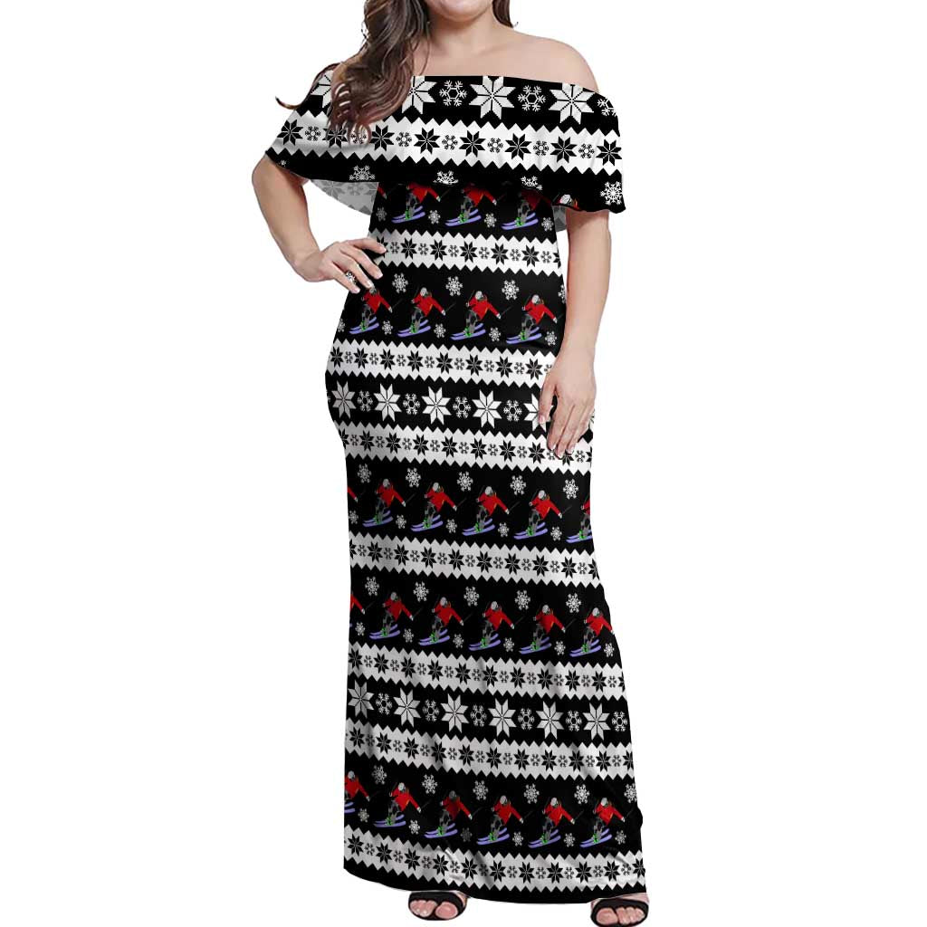 Skiing Snowflake Christmas Off Shoulder Maxi Dress Xmas Holiday Patterns - Wonder Print Shop