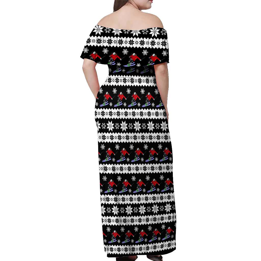 Skiing Snowflake Christmas Off Shoulder Maxi Dress Xmas Holiday Patterns - Wonder Print Shop