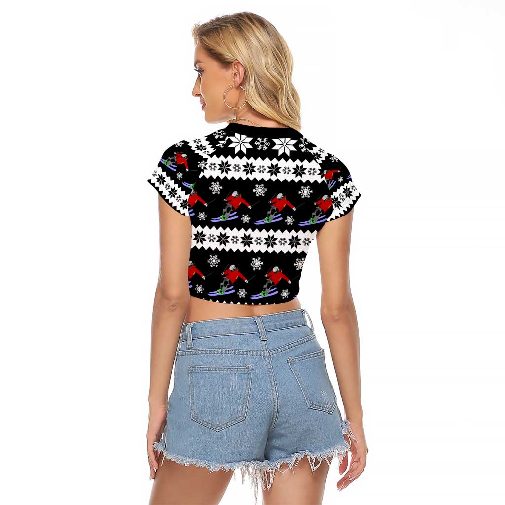 Skiing Snowflake Christmas Raglan Cropped T Shirt Xmas Holiday Patterns - Wonder Print Shop