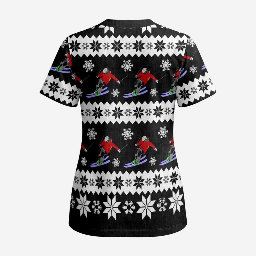 Skiing Snowflake Christmas Scrub Top Xmas Holiday Patterns - Wonder Print Shop