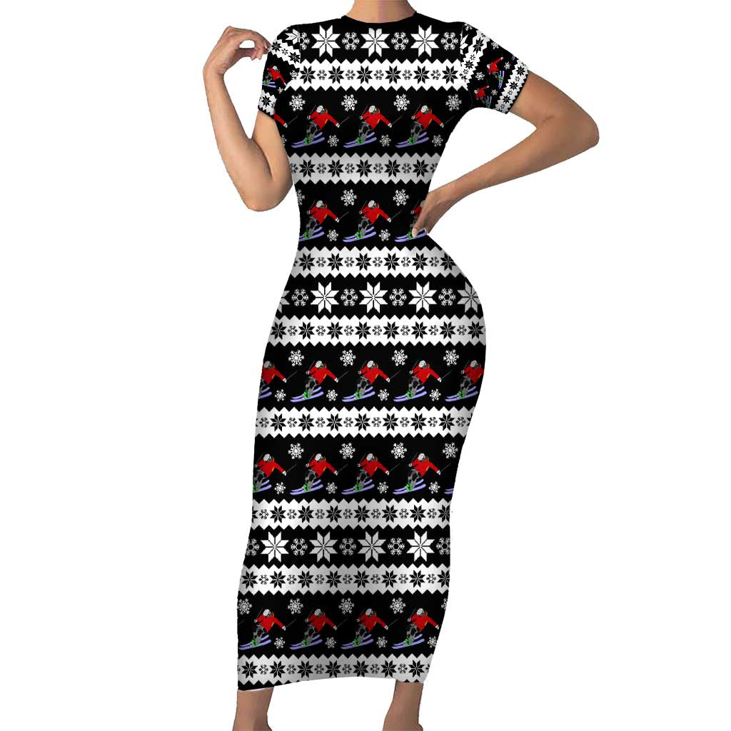 Skiing Snowflake Christmas Short Sleeve Bodycon Dress Xmas Holiday Patterns - Wonder Print Shop