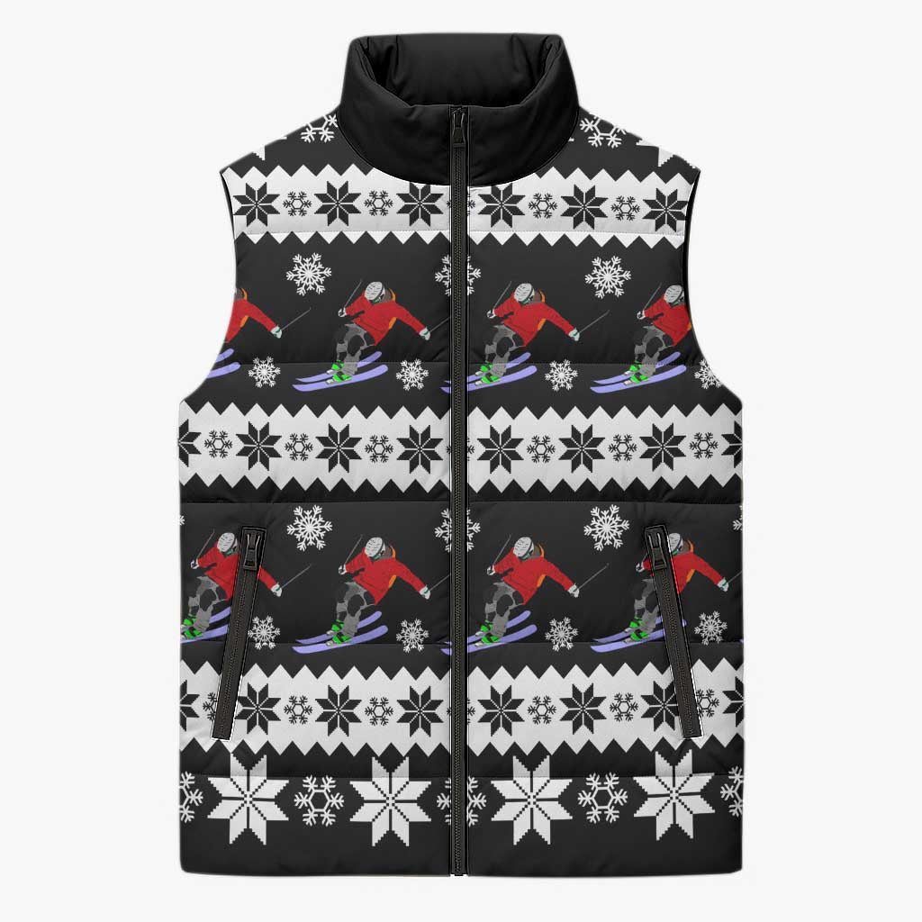 Skiing Snowflake Christmas Sleeveless Puffer Jacket Xmas Holiday Patterns - Wonder Print Shop