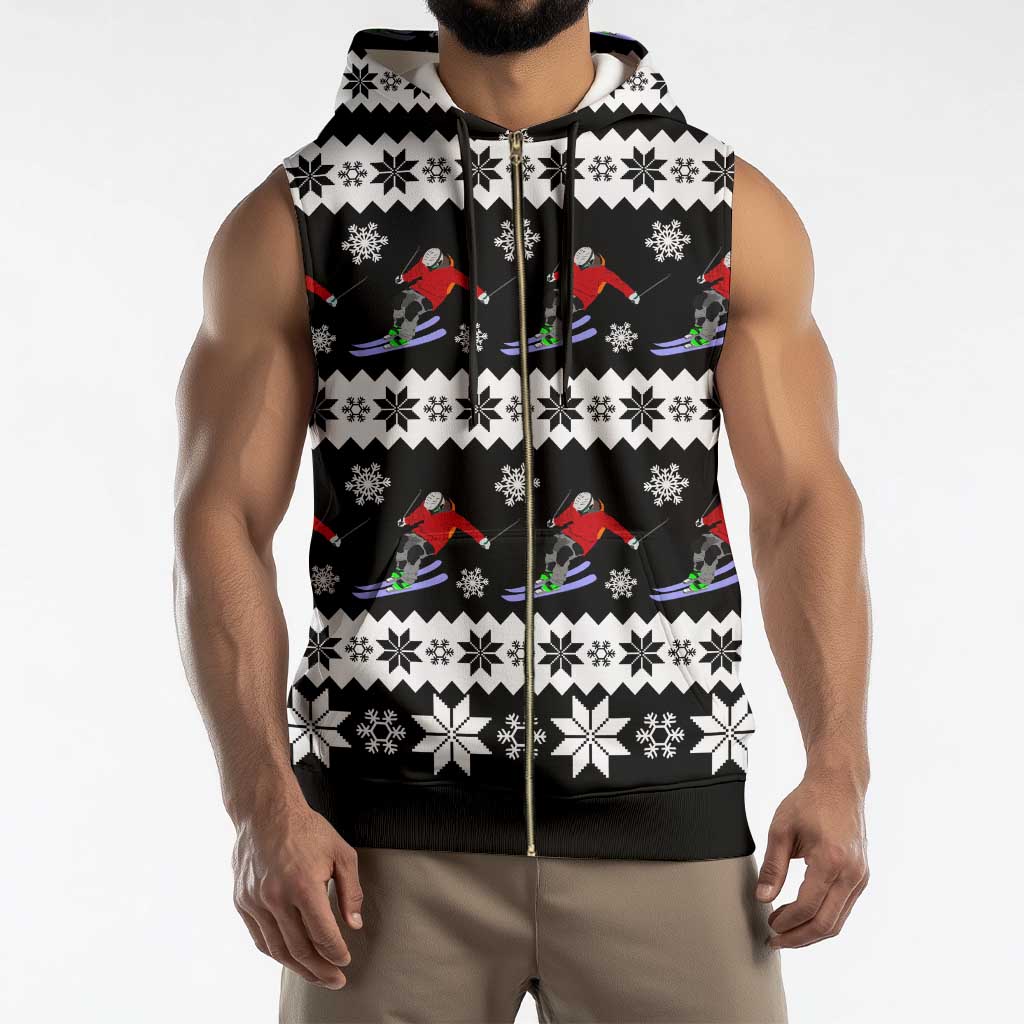 Skiing Snowflake Christmas Sleeveless Zip Hoodie Xmas Holiday Patterns - Wonder Print Shop