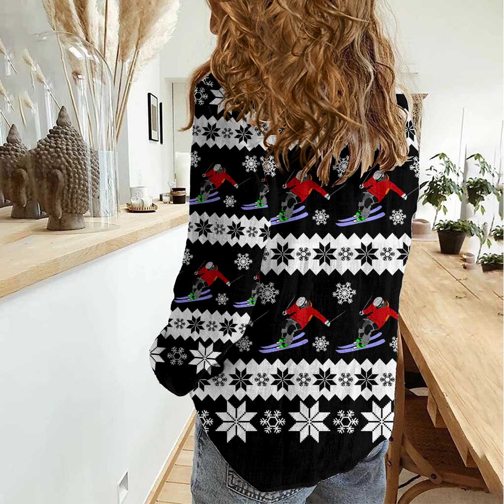 Skiing Snowflake Christmas Women Casual Shirt Xmas Holiday Patterns - Wonder Print Shop