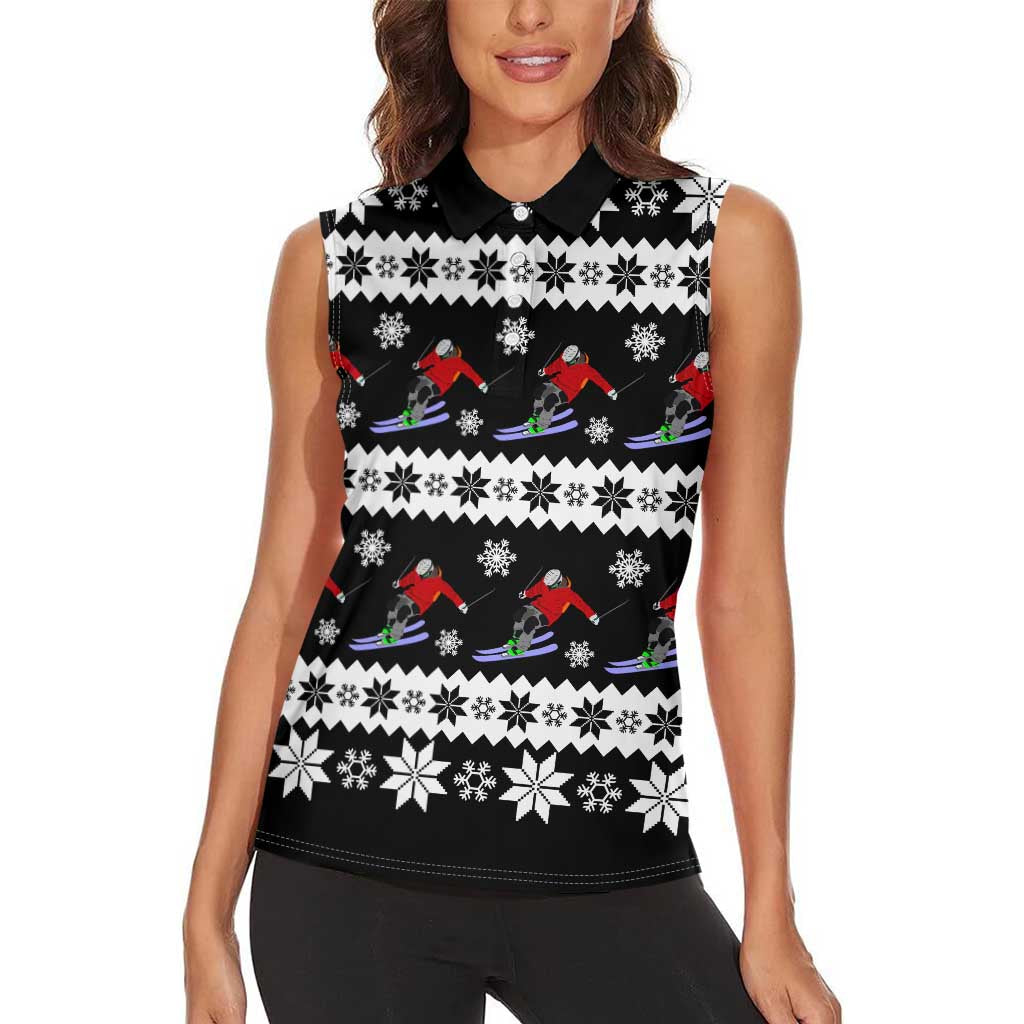 Skiing Snowflake Christmas Women Sleeveless Polo Shirt Xmas Holiday Patterns - Wonder Print Shop