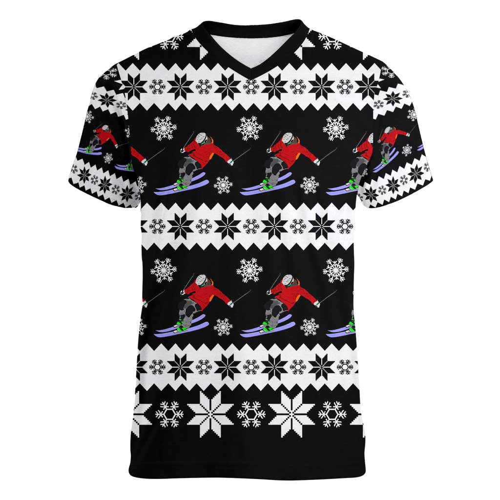 Skiing Snowflake Christmas Women V-Neck T-Shirt Xmas Holiday Patterns - Wonder Print Shop