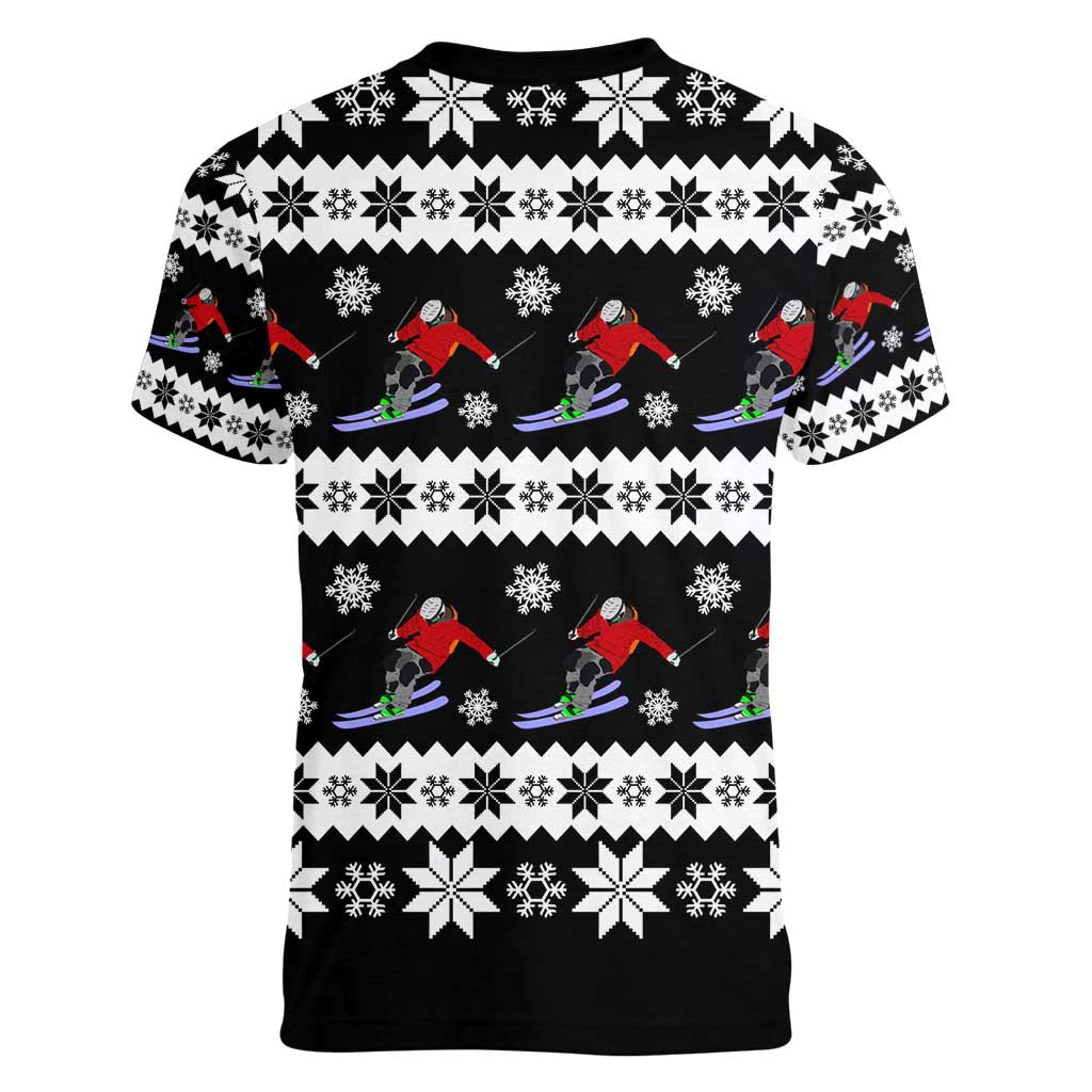 Skiing Snowflake Christmas Women V-Neck T-Shirt Xmas Holiday Patterns - Wonder Print Shop