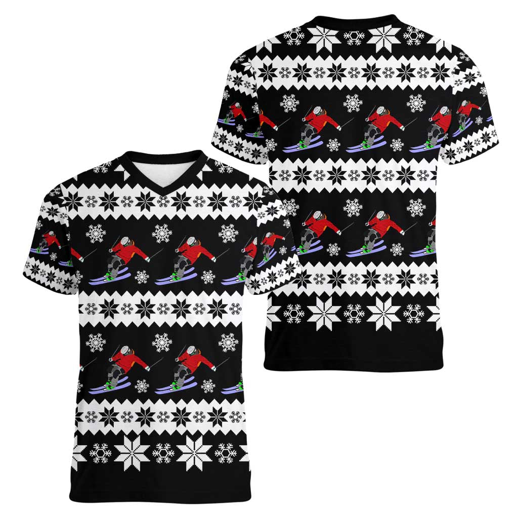 Skiing Snowflake Christmas Women V-Neck T-Shirt Xmas Holiday Patterns - Wonder Print Shop