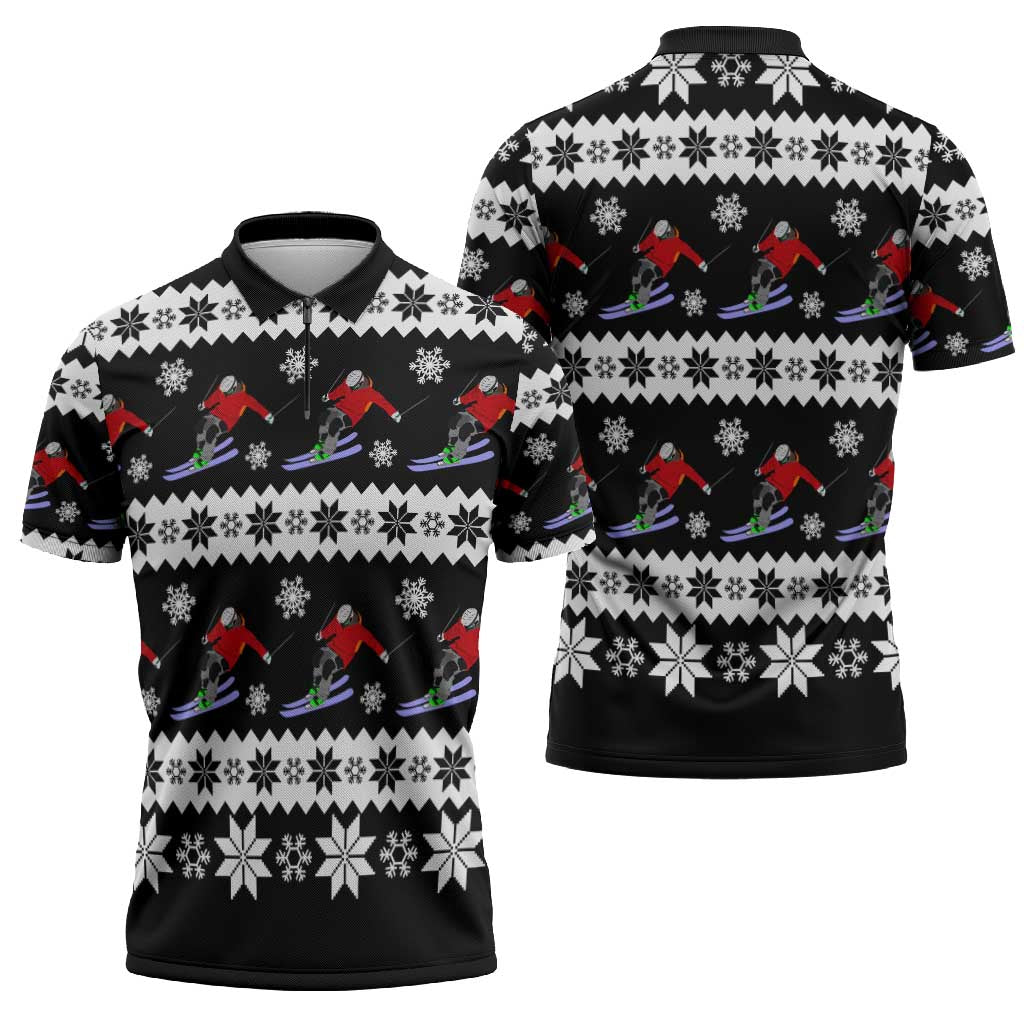 Skiing Snowflake Christmas Zipper Polo Shirt Xmas Holiday Patterns - Wonder Print Shop