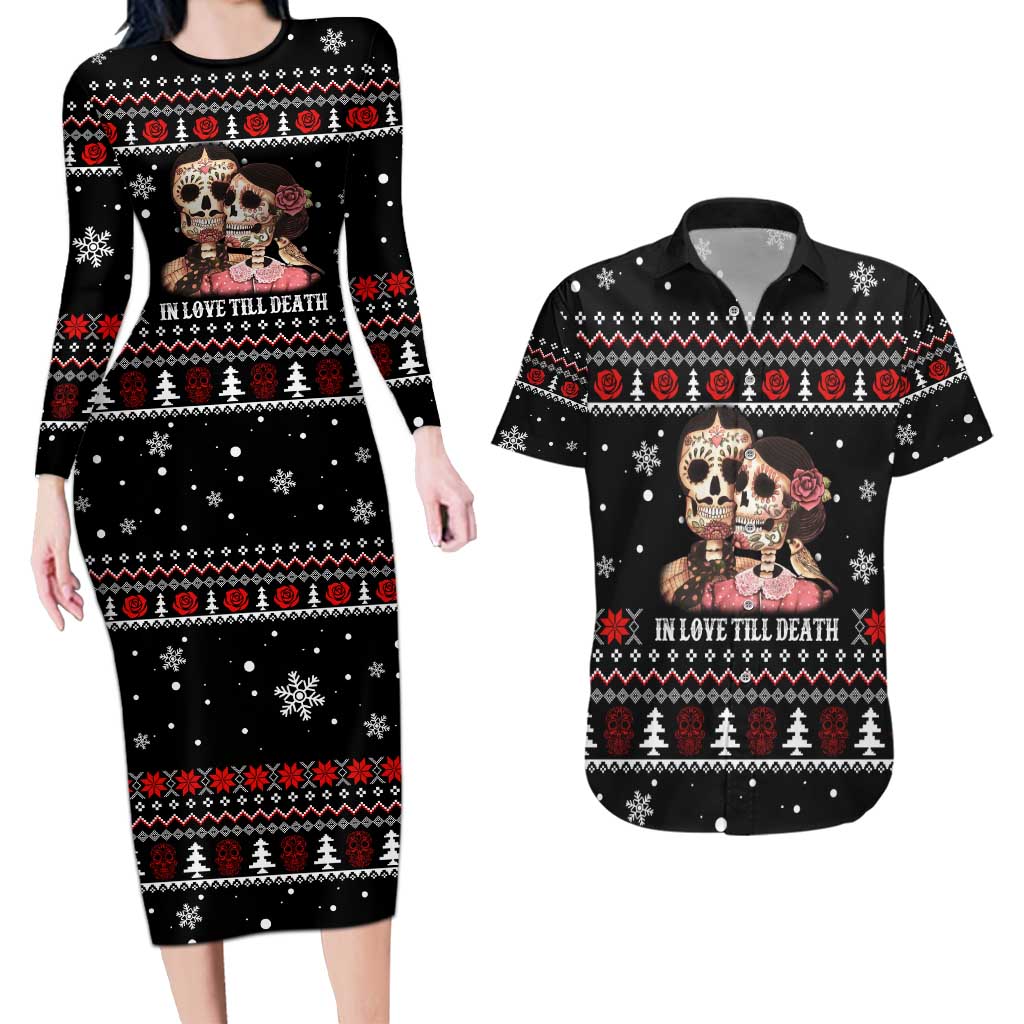 Skull Couple Christmas Couples Matching Long Sleeve Bodycon Dress and Hawaiian Shirt Xmas Holiday Patterns - Wonder Print Shop