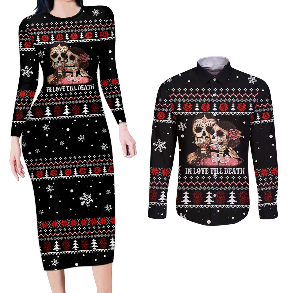 Skull Couple Christmas Couples Matching Long Sleeve Bodycon Dress and Long Sleeve Button Shirt Xmas Holiday Patterns - Wonder Print Shop