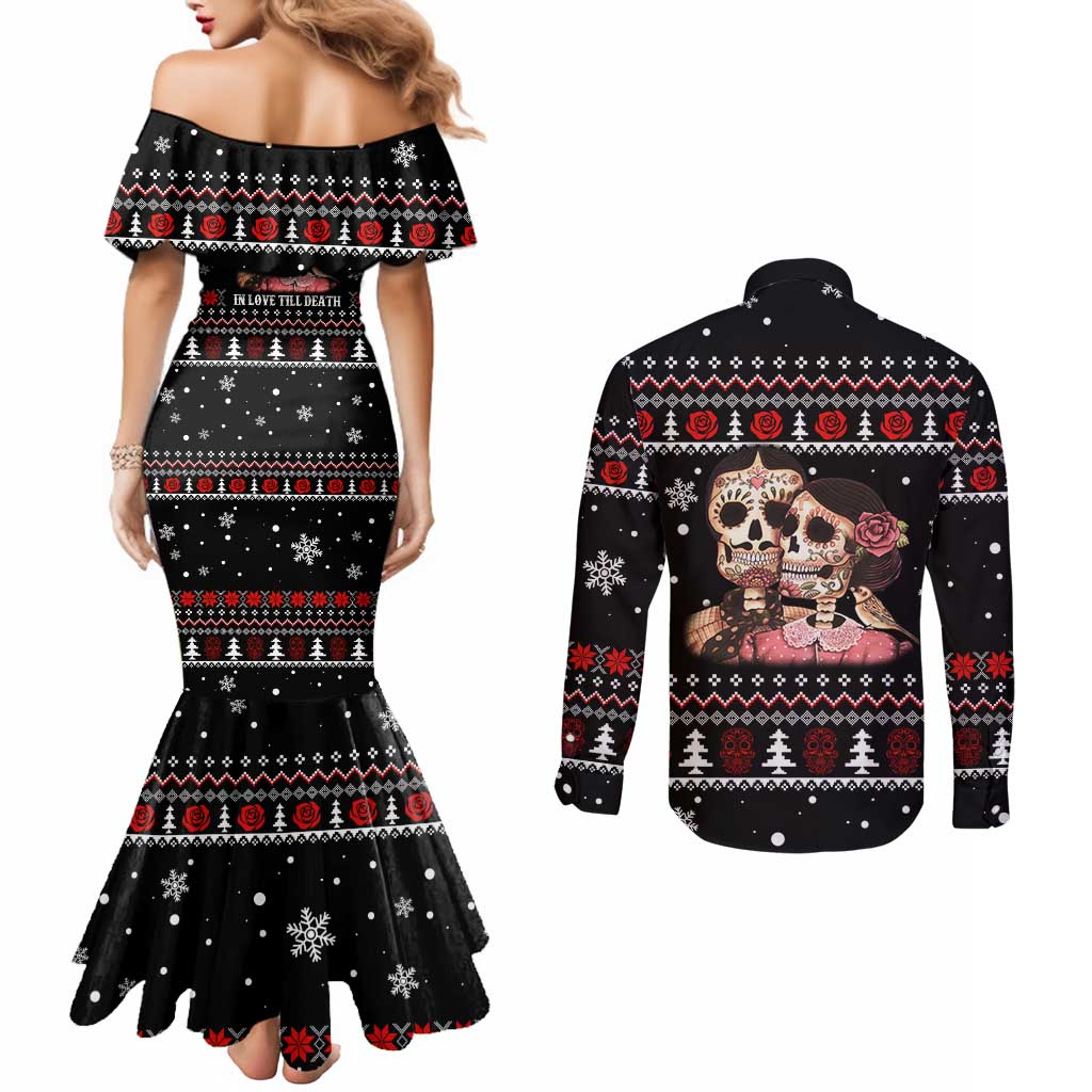 Skull Couple Christmas Couples Matching Mermaid Dress and Long Sleeve Button Shirt Xmas Holiday Patterns - Wonder Print Shop