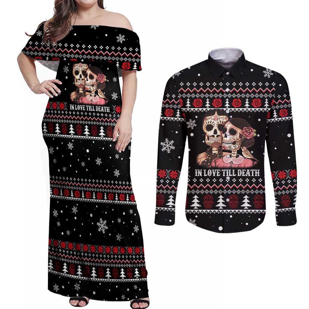 Skull Couple Christmas Couples Matching Off Shoulder Maxi Dress and Long Sleeve Button Shirt Xmas Holiday Patterns - Wonder Print Shop