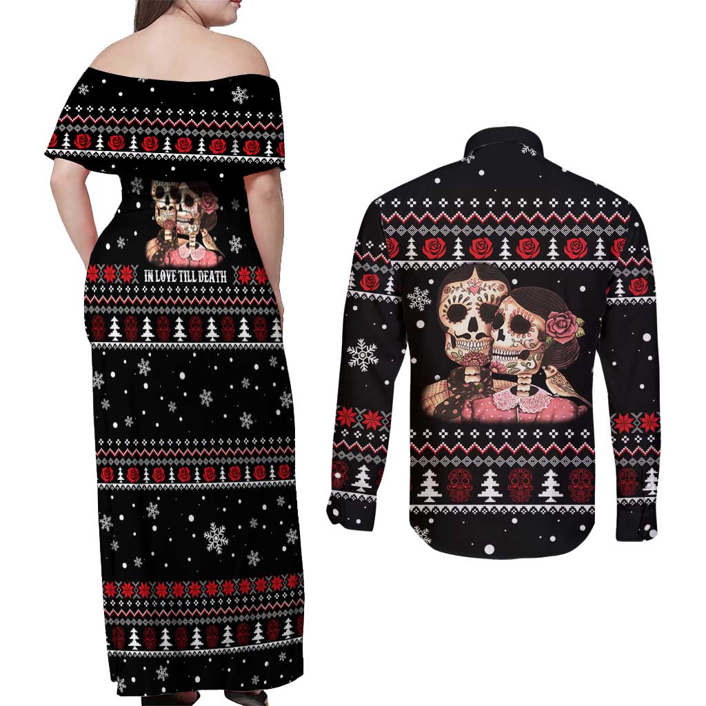 Skull Couple Christmas Couples Matching Off Shoulder Maxi Dress and Long Sleeve Button Shirt Xmas Holiday Patterns - Wonder Print Shop