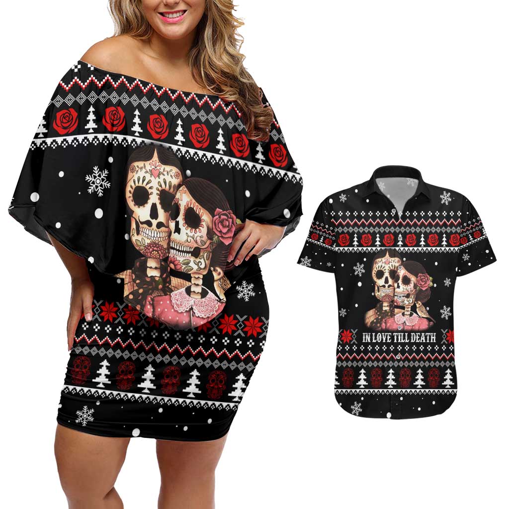 Skull Couple Christmas Couples Matching Off Shoulder Short Dress and Hawaiian Shirt Xmas Holiday Patterns - Wonder Print Shop